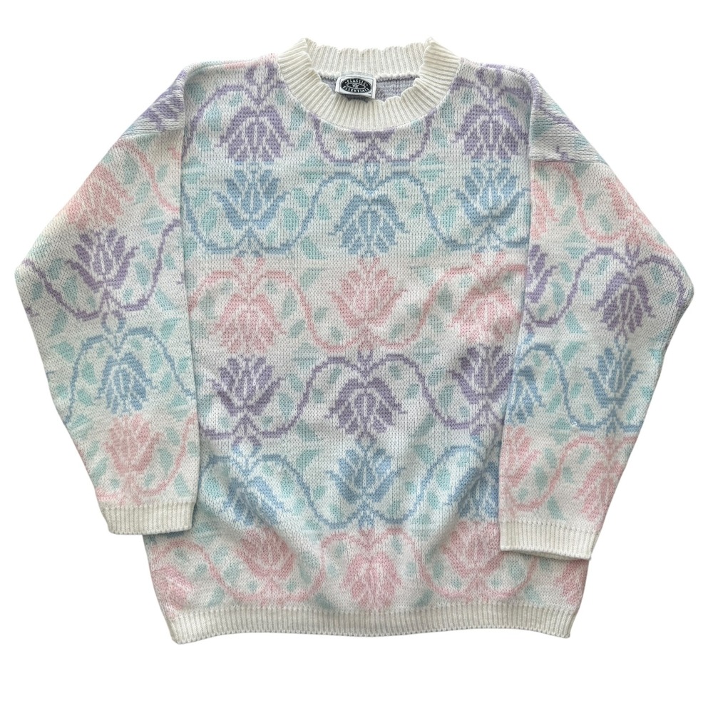 Classic Essentials Floral Knit Sweater Womens XL Pastel Pink Blue Purple girly